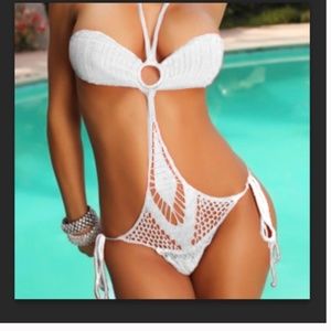 New women’s DOLL swimwear white crochet monokini one piece swimsuit, Small